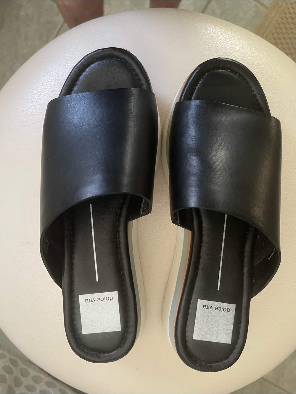 Dolce Vita Black Leather Slide Mules with White Trimmed Sole